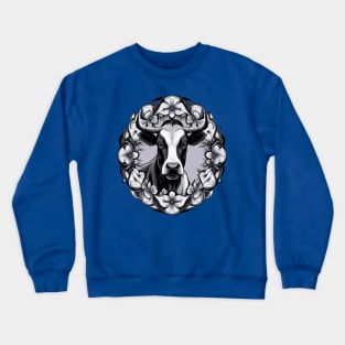 Dairy Cow Surrounded By A Wreath Of Wood Violet Tattoo Style Art Crewneck Sweatshirt